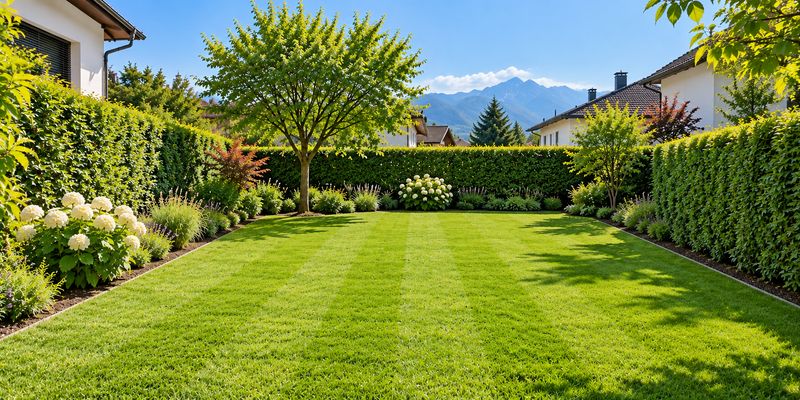 Frisch gemähter, gerade gestreifter Rasen in einem gepflegten Garten mit Hecken und blühenden Hortensien